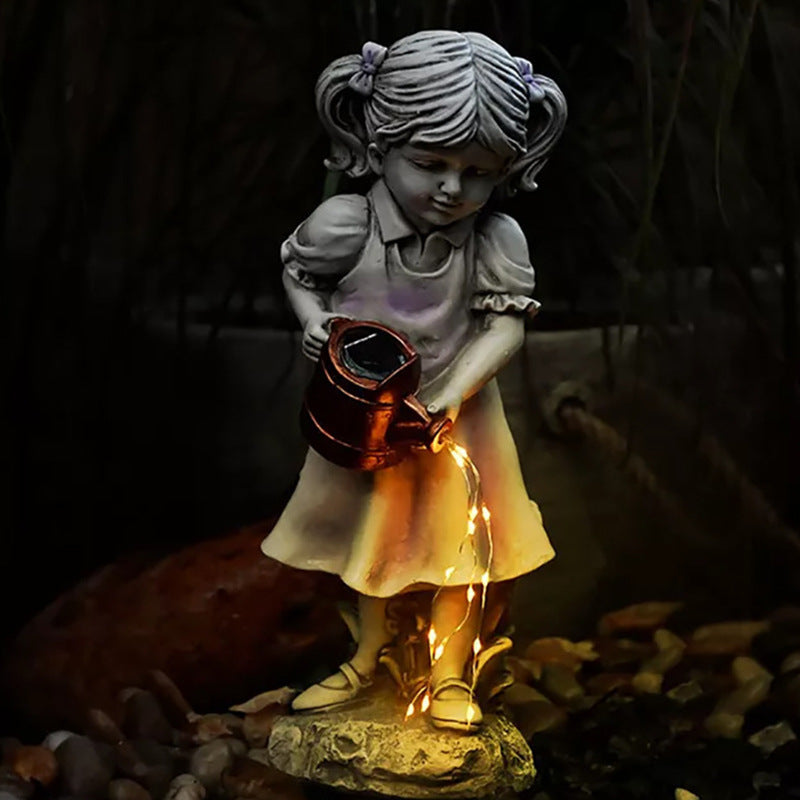 Resin Girl Garden Statue with Solar Watering Can Lights