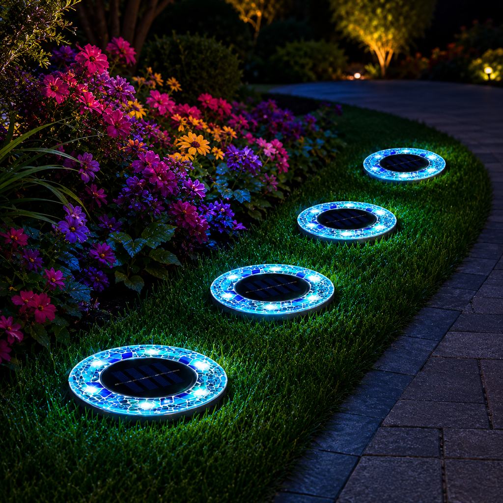 Solar ground lights illuminating a garden pathway and flower bed at night
