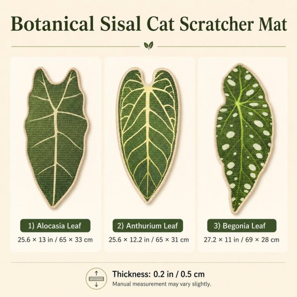 Botanical sisal cat scratcher mat style and size chart for alocasia, anthurium and begonia leaves.