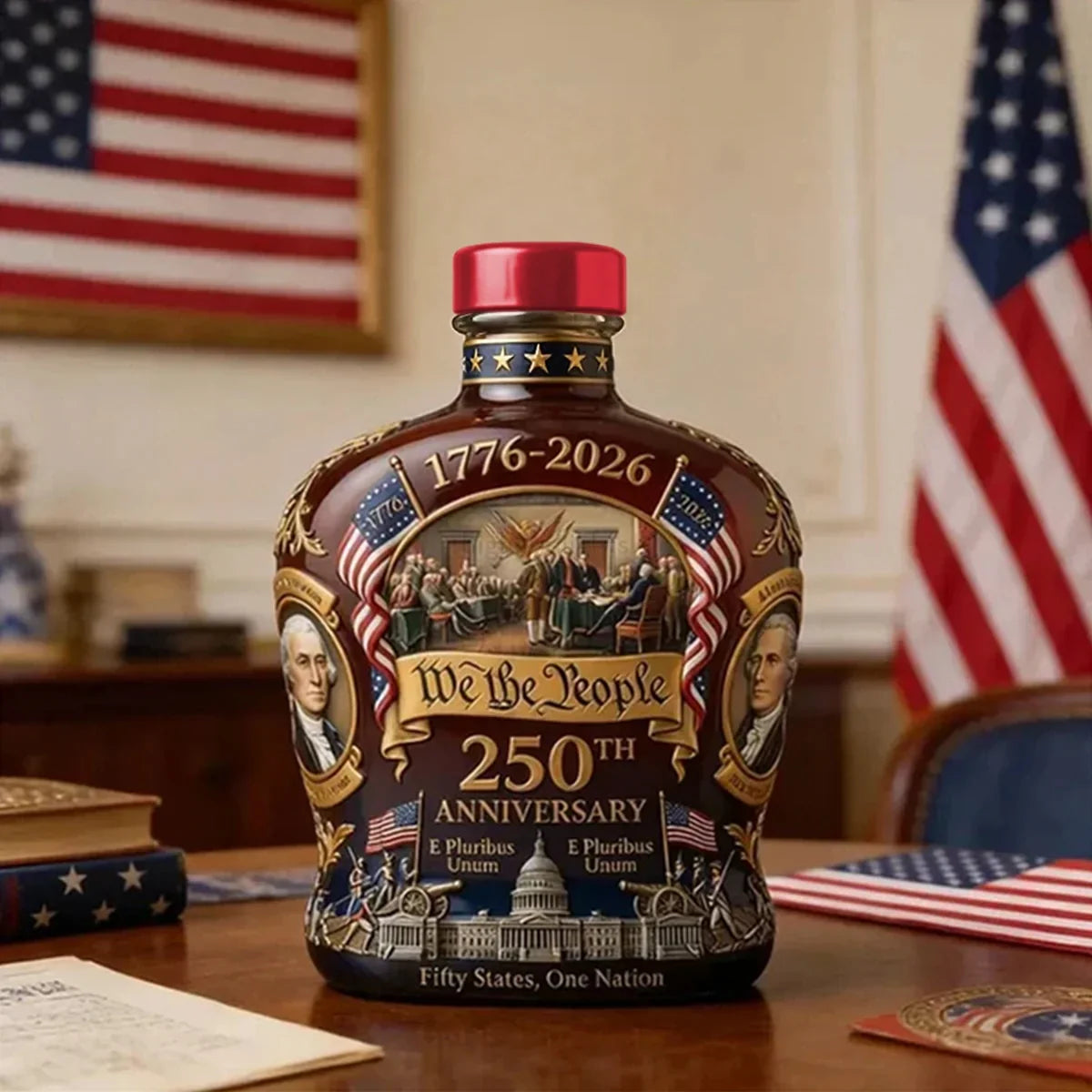 Bottle with 'We the People' 250th Anniversary design in a formal setting with American flags.