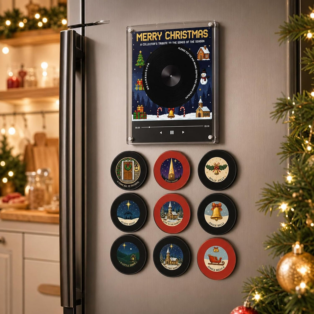 Magnetic Fridge Vinyl Music Box Christmas Jingle Player Set with 9 NFC Style Discs and USB C