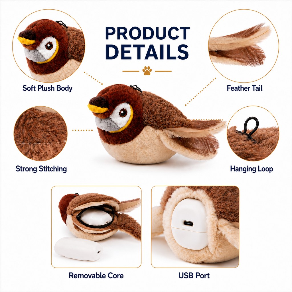 Maetiva Rechargeable Flapping Bird Cat Toy for Indoor Cats - Tap-Activated Plush Kicker Toy for Boredom Relief & Hunting Instinct Play