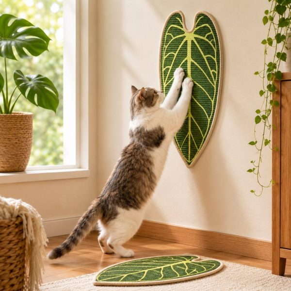 Botanical sisal cat scratcher mat in an anthurium leaf shape being scratched on a wall.