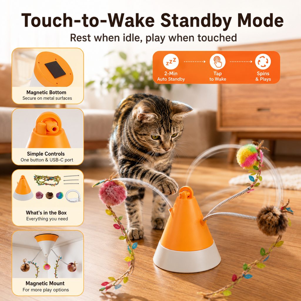 Maetiva MiaSpin 360 Magnetic Rotating Cat Teaser Toy for Indoor Cats - USB-C Hands-Free Play to Beat Boredom