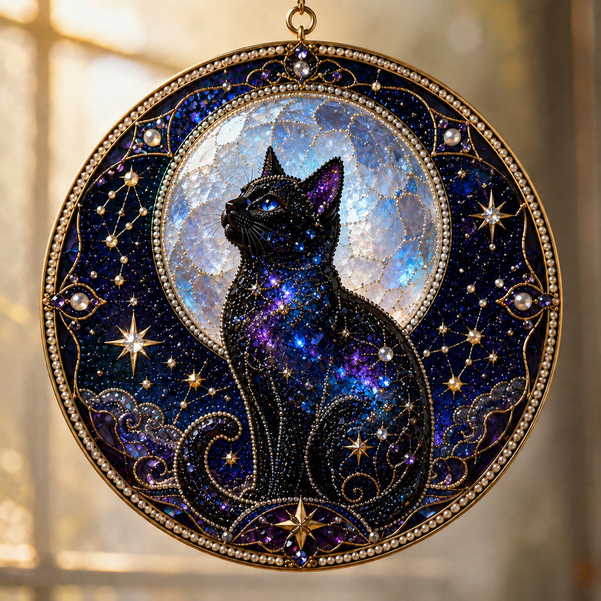 3D Pearl Celestial Black Cat Window Hanging Kit