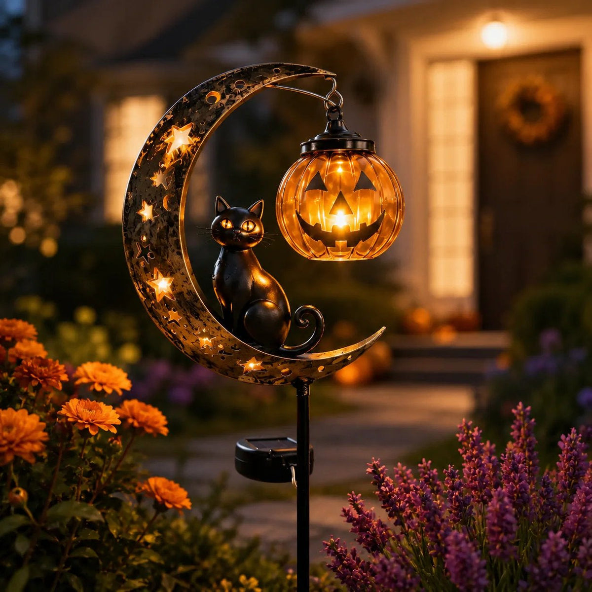 Solar Black Cat Pumpkin Moon Garden Stake Light for Halloween Yard Decor