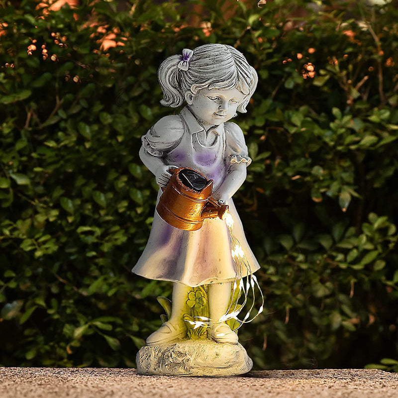 Resin Girl Garden Statue with Solar Watering Can Lights