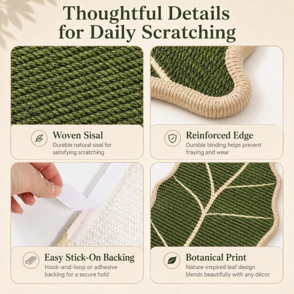 Botanical sisal cat scratcher mat detail collage showing sisal weave, edging and adhesive backing.