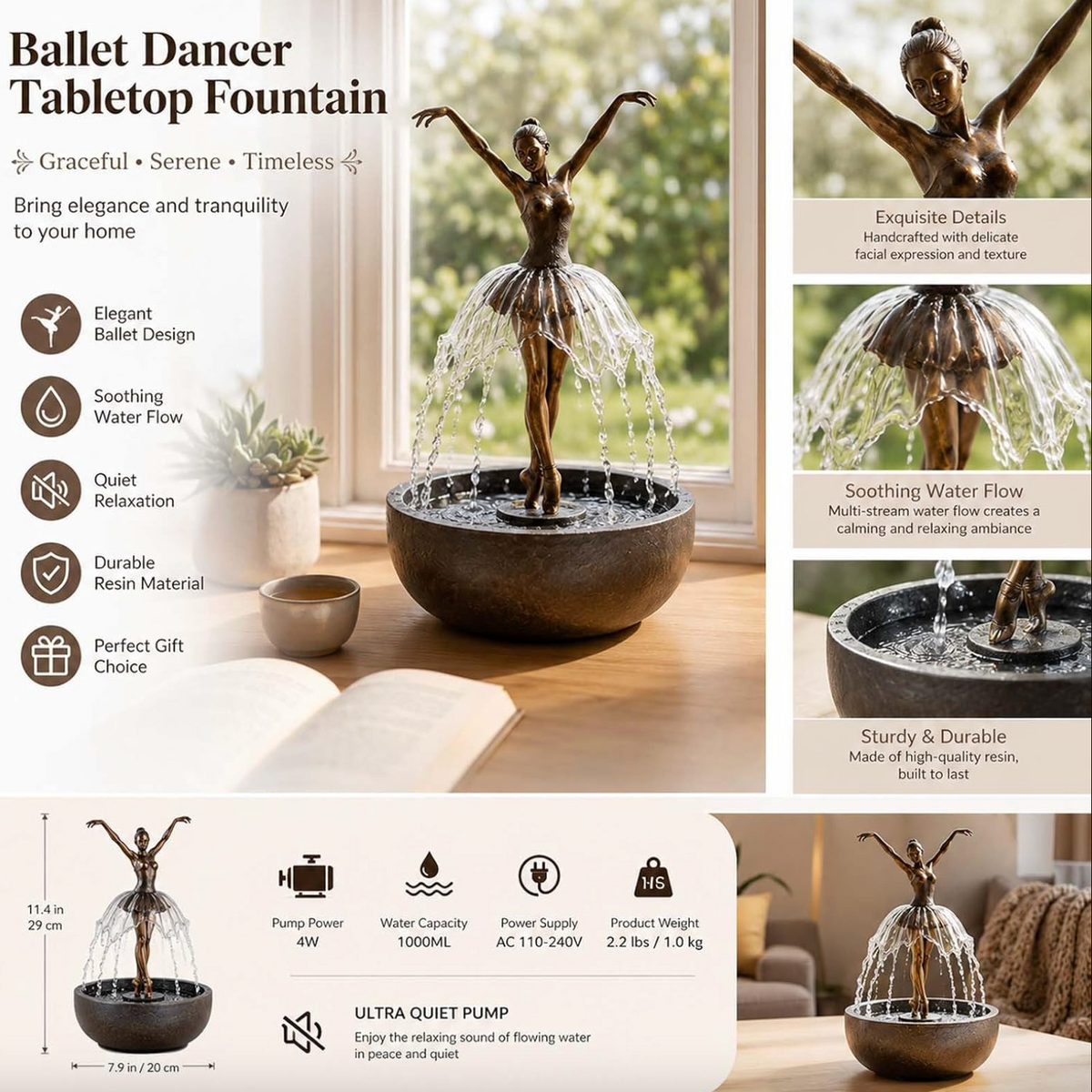 Ballerina Water Fountain with Bluetooth Speaker & LED Light