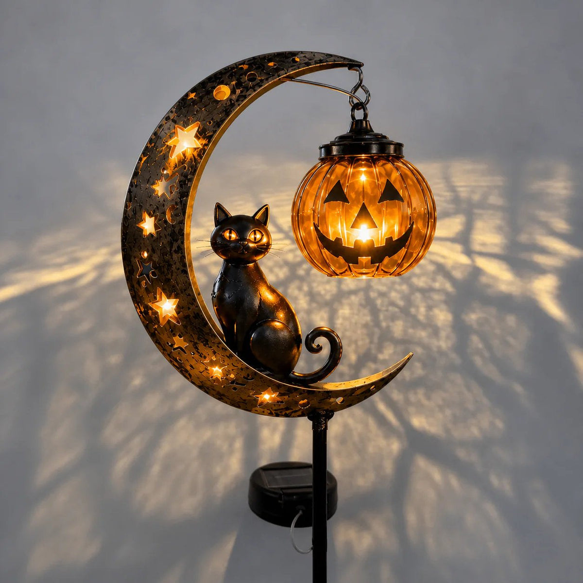 Solar Black Cat Pumpkin Moon Garden Stake Light for Halloween Yard Decor