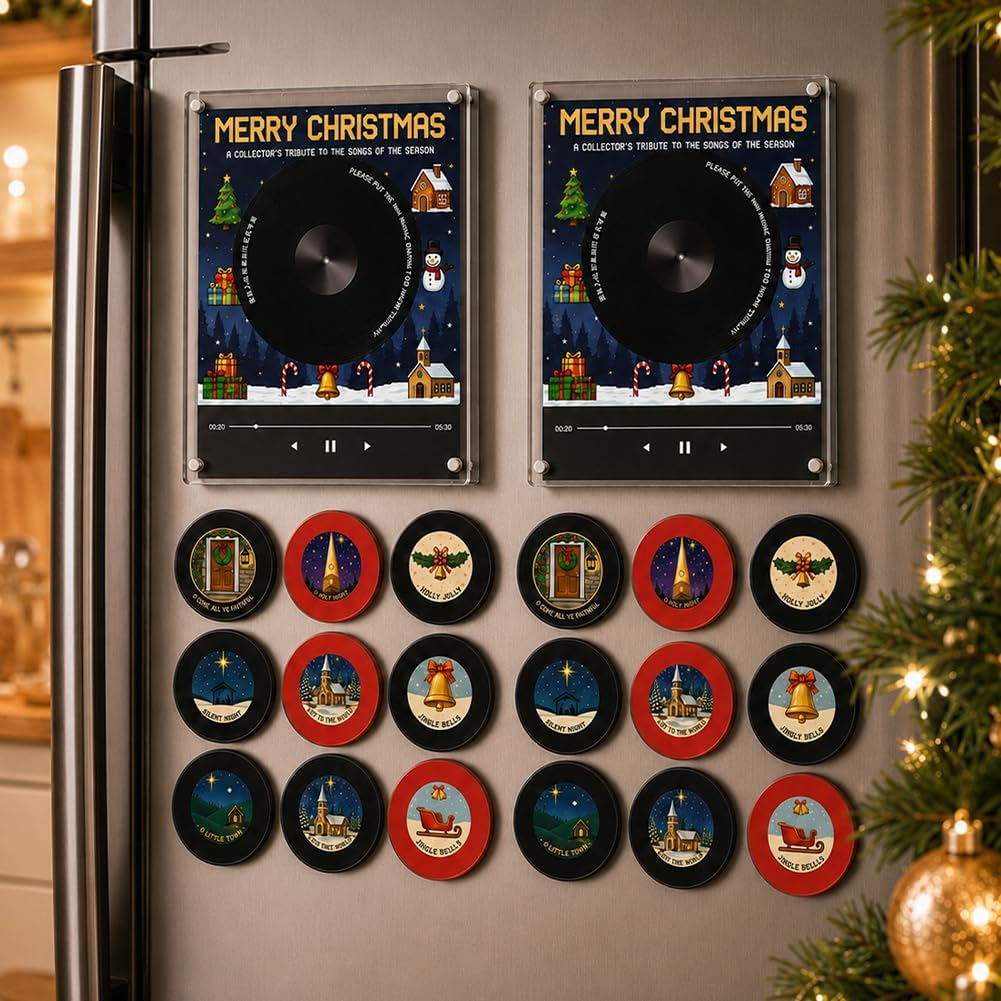 Magnetic Fridge Vinyl Music Box Christmas Jingle Player Set with 9 NFC Style Discs and USB C