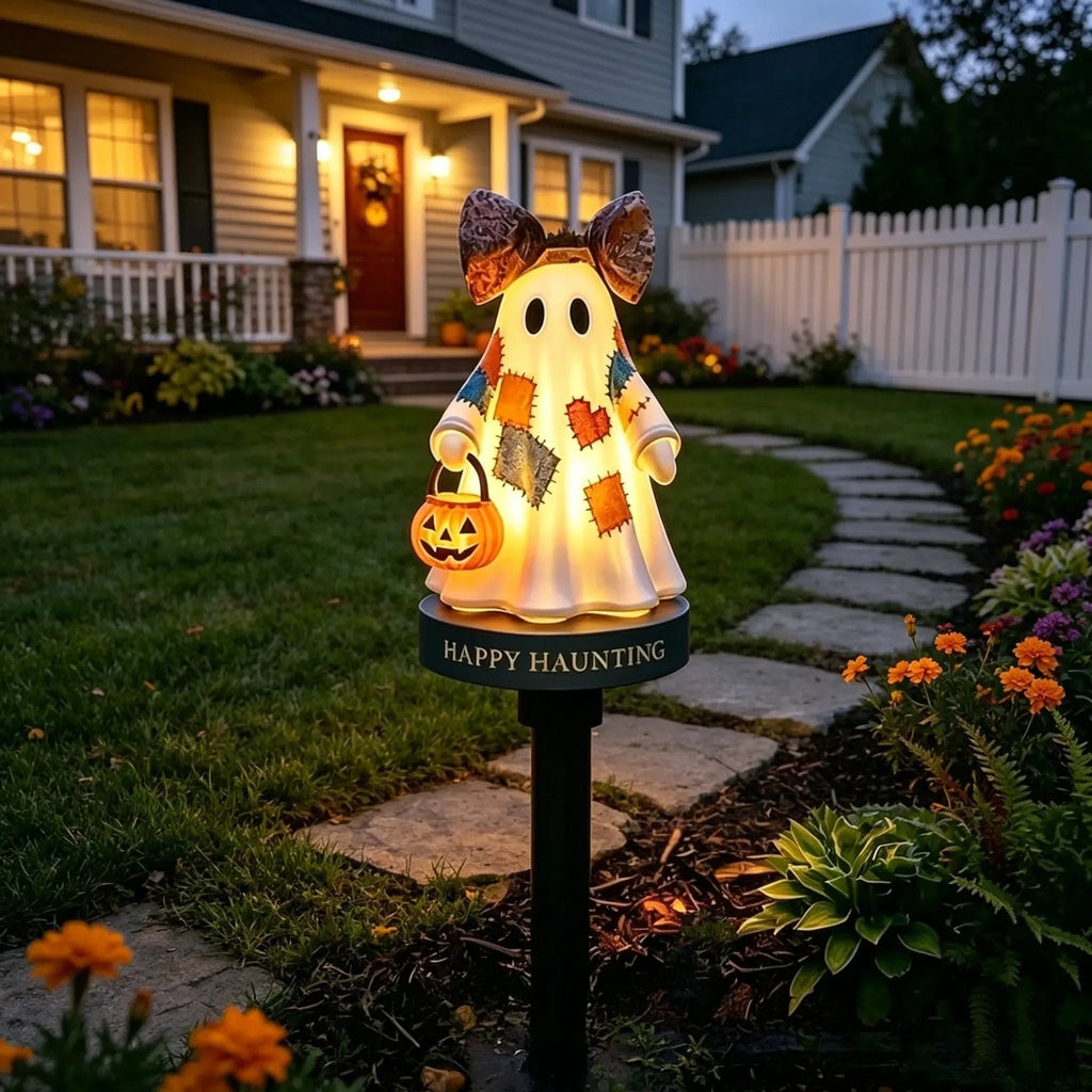 Lighted Vintage Patchwork Ghost Solar Garden Light for Halloween
