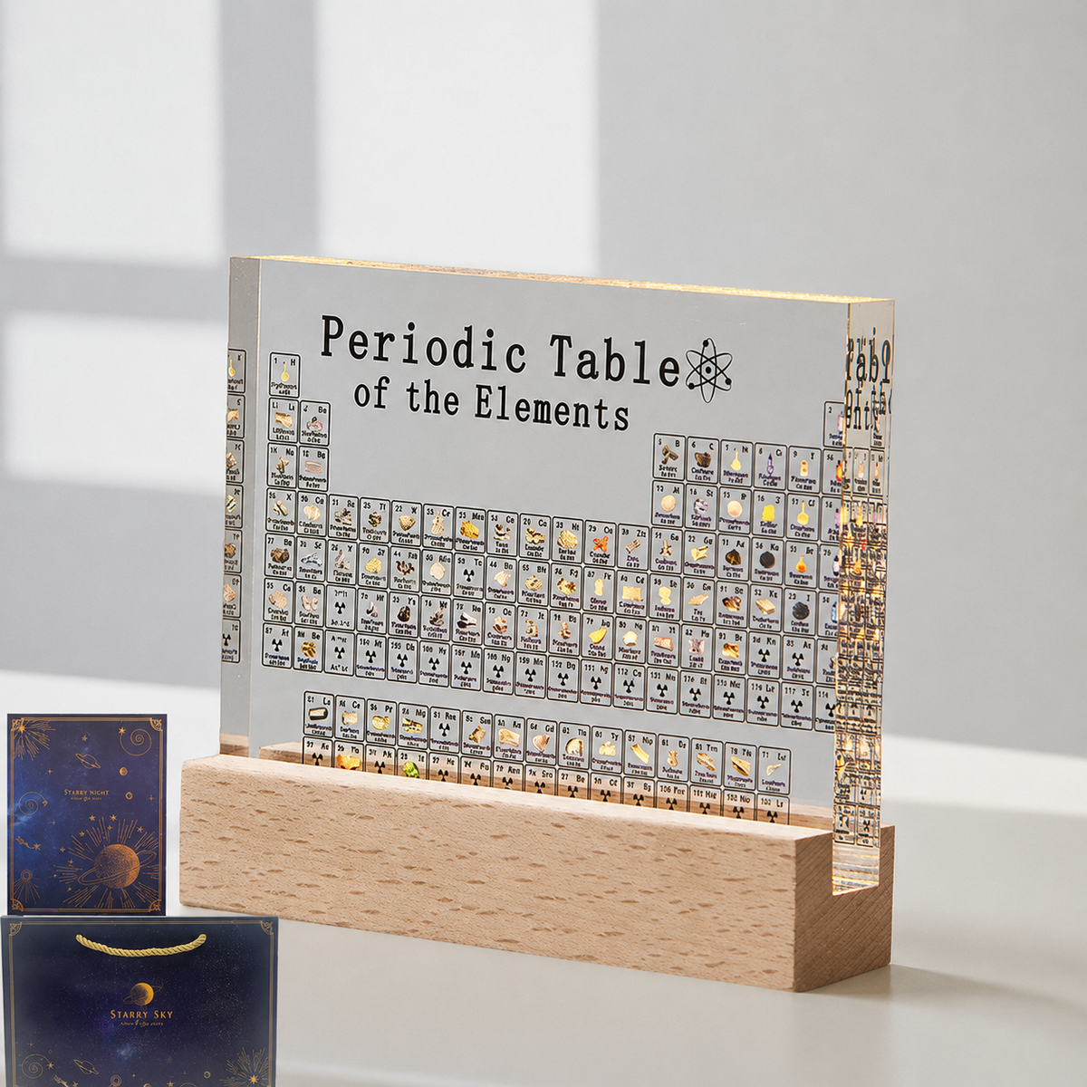 Illuminated Periodic Table with Real Elements and LED Display Base
