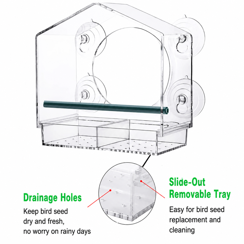 Clear Window Bird Feeder with Removable Seed Tray and Suction Cups