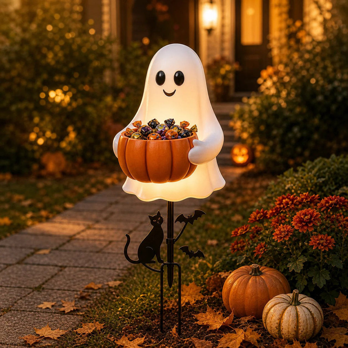 Solar Halloween Ghost Candy Bowl Garden Stake for Yard & Porch Decor