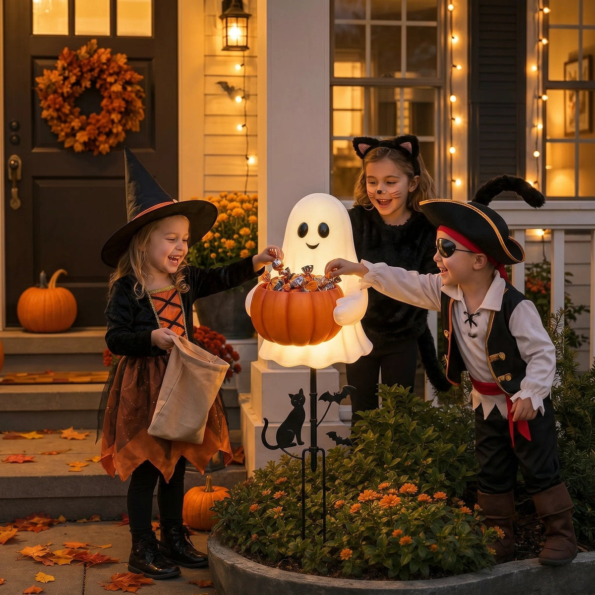 Solar Halloween Ghost Candy Bowl Garden Stake for Yard & Porch Decor