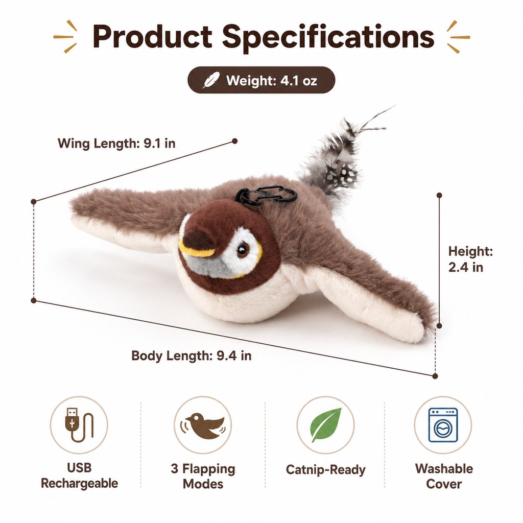 Maetiva Rechargeable Flapping Bird Cat Toy for Indoor Cats - Tap-Activated Plush Kicker Toy for Boredom Relief & Hunting Instinct Play