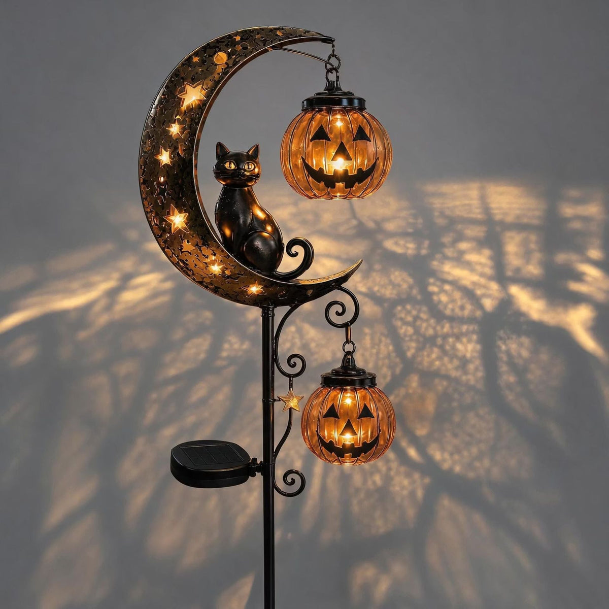 Solar Black Cat Pumpkin Moon Garden Stake Light for Halloween Yard Decor