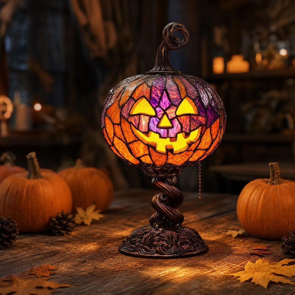Halloween Stained Glass Pumpkin Table Lamp USB Rechargeable