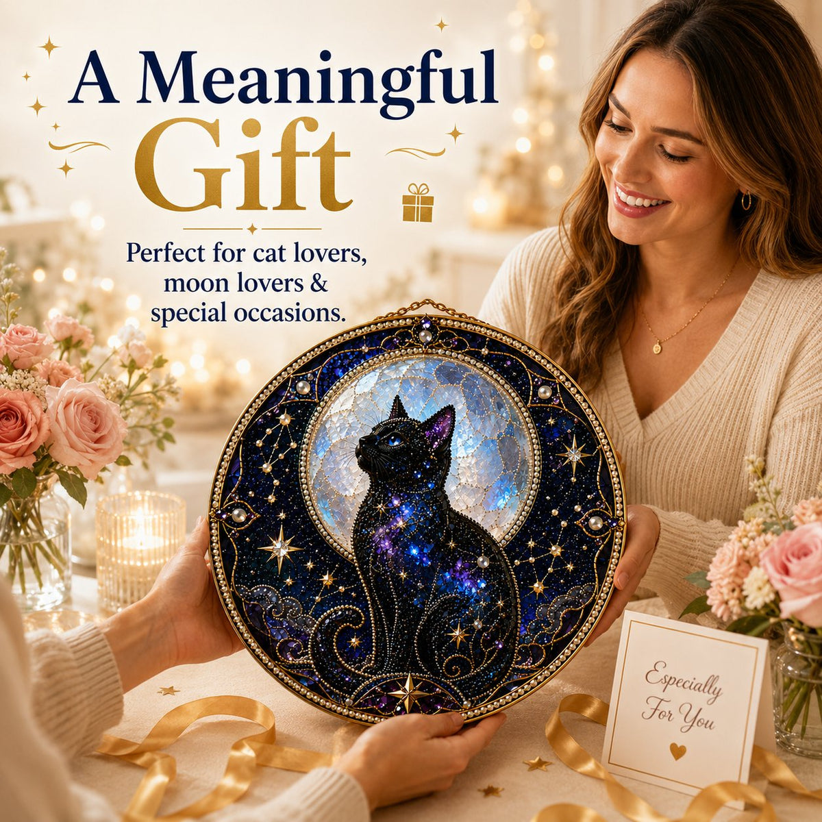 3D Pearl Celestial Black Cat Window Hanging Kit