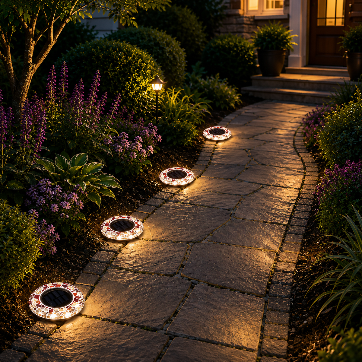 Warm white solar ground lights illuminating a garden pathway at night