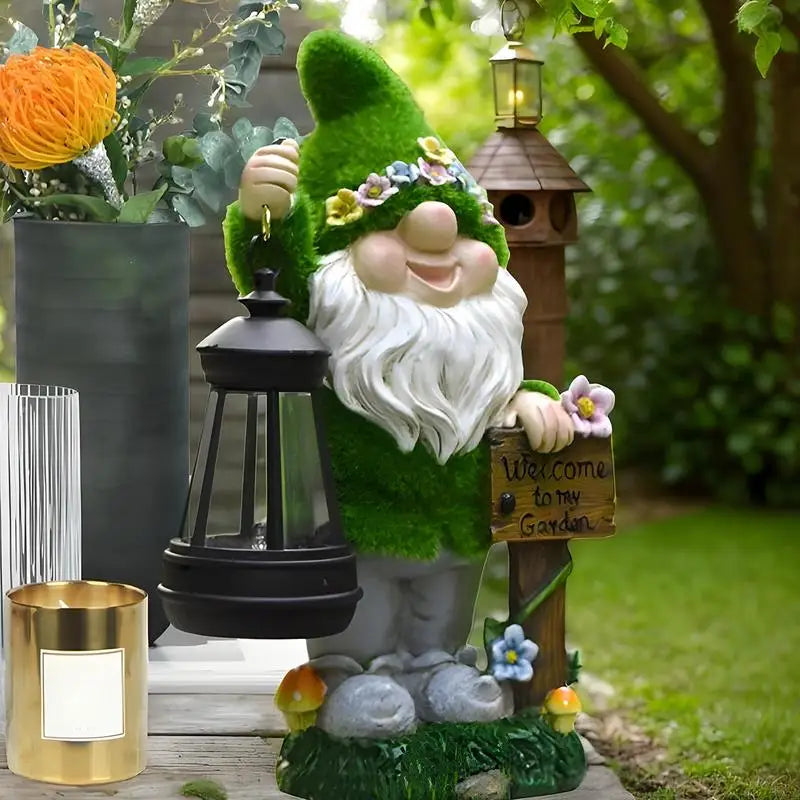 Solar Garden Gnome Statue with Lantern Outdoor Solar Powered Garden Decor