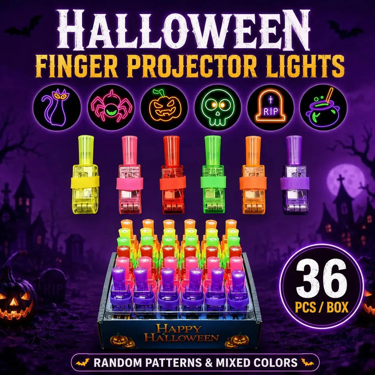 Halloween LED Finger Projector Rings – 20-Piece Party Set
