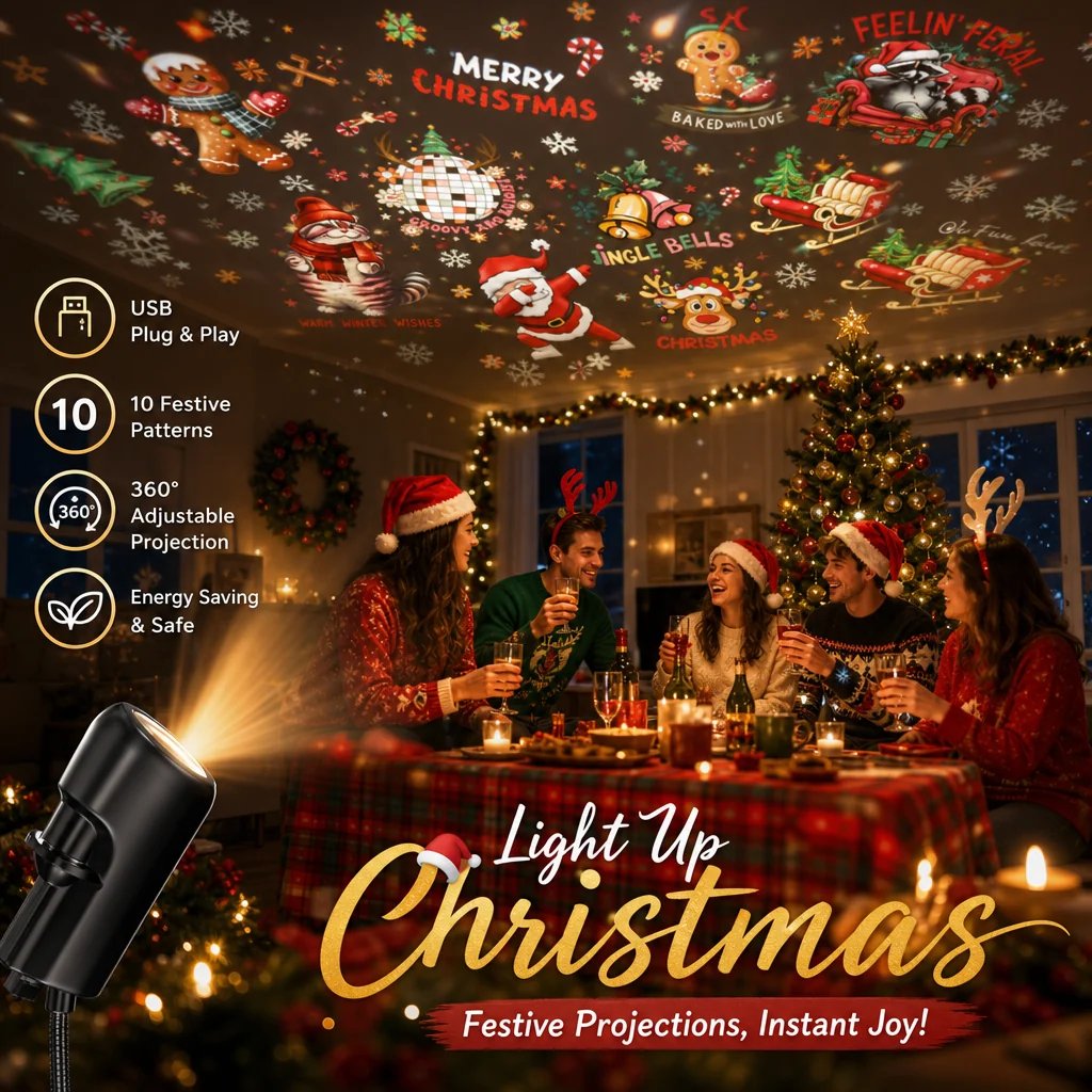 Plug-and-Play Christmas Projector with 10 Festive Scenes